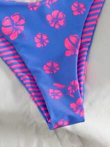 新款柔软印花挂脖系带比基尼套装，优雅性感的女士沙滩泳装，夏季沙滩时尚比基尼度假装 - 藍粉紅色 - 查看 7