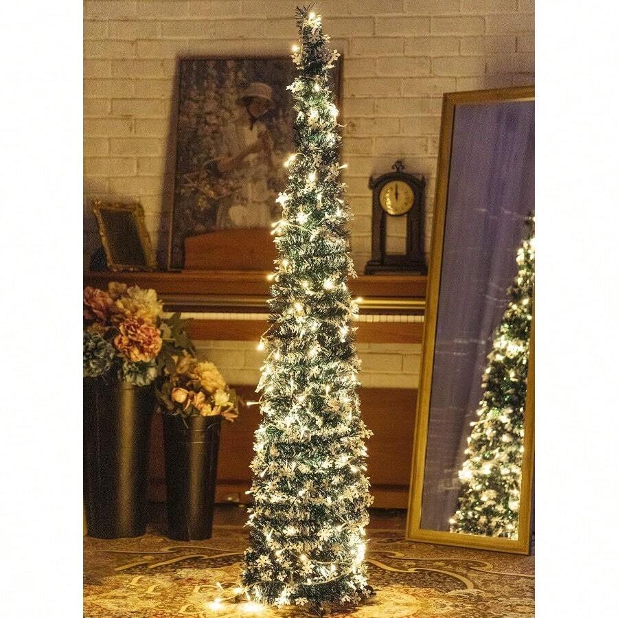 zxr Árbol de Navidad artificial emergente con 100 luces led estilo lápiz plegable para decoración de festividades carnaval fiestas navideñas color verde125 - verde - Ver 1