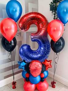 40-Inch Giant Number Balloon 0-9 Spider Themed Birthday Party Decorations 1 Pc Per Pack Red Blue Gradient Foil Balloon With Spider Web Print For Superhero Party Supplies, Event Decor, Photo Booth Backdrop Wall - Multicolor - View 3
