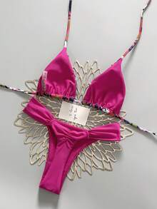 2pcs Casual Cute Elegant Sexy Bohemian Floral Tie-Up Braided Bikini Swimsuit, Beach Vacation, Spring/Summer - Multicolor - View 4