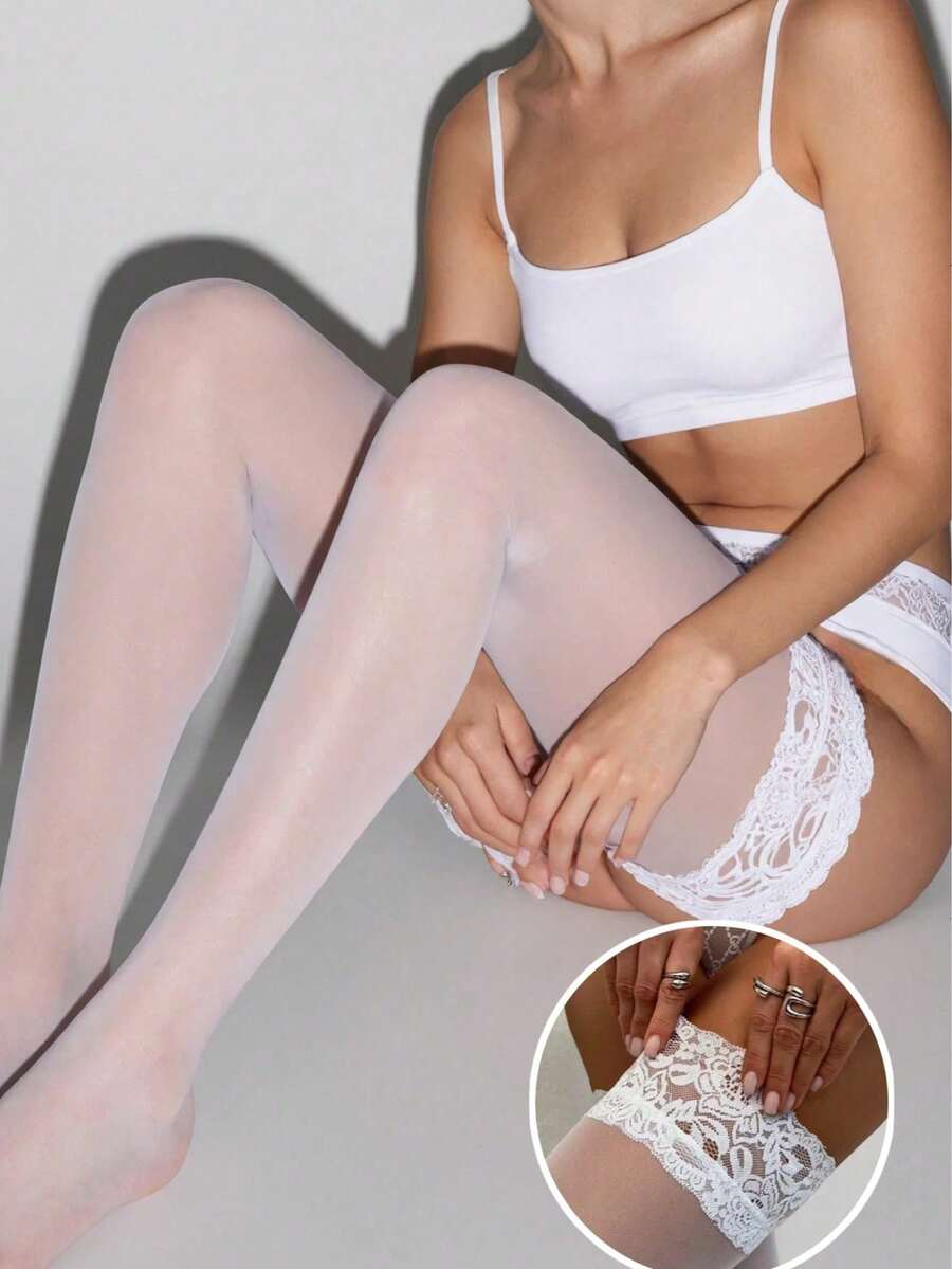 1 Pair Women's White Semi-Sheer Lace Trim Over-The-Knee Socks, Soft Lace Fabric, Fashionable & Warm, Feminine Stylish Hosiery For Daily Wear, Parties & Cold Weather - White - View 1