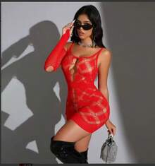 Bare Chapter 1pcs Set Sexy Mesh Lace Ruched Slit Slip Dress For Going Out Classic - 紅色 - 查看 2