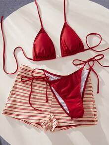 3pcs Women's Swimwear Bikini Set, Elegant Sexy Striped Printed Triangle Swimwear, Suitable For Vacation, Beach, Pool And Sports Wear, Suitable For Autumn, Winter, Spring And Summer, Bohemian, Country, Club, Office Vacation Outfit - Red - View 11