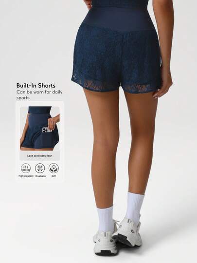 Sodalemon Pantalones cortos de mujer para fitness, elásticos, con bolsillo oculto, encaje, para entrenamiento, ropa activa, yoga, al aire deporte casual