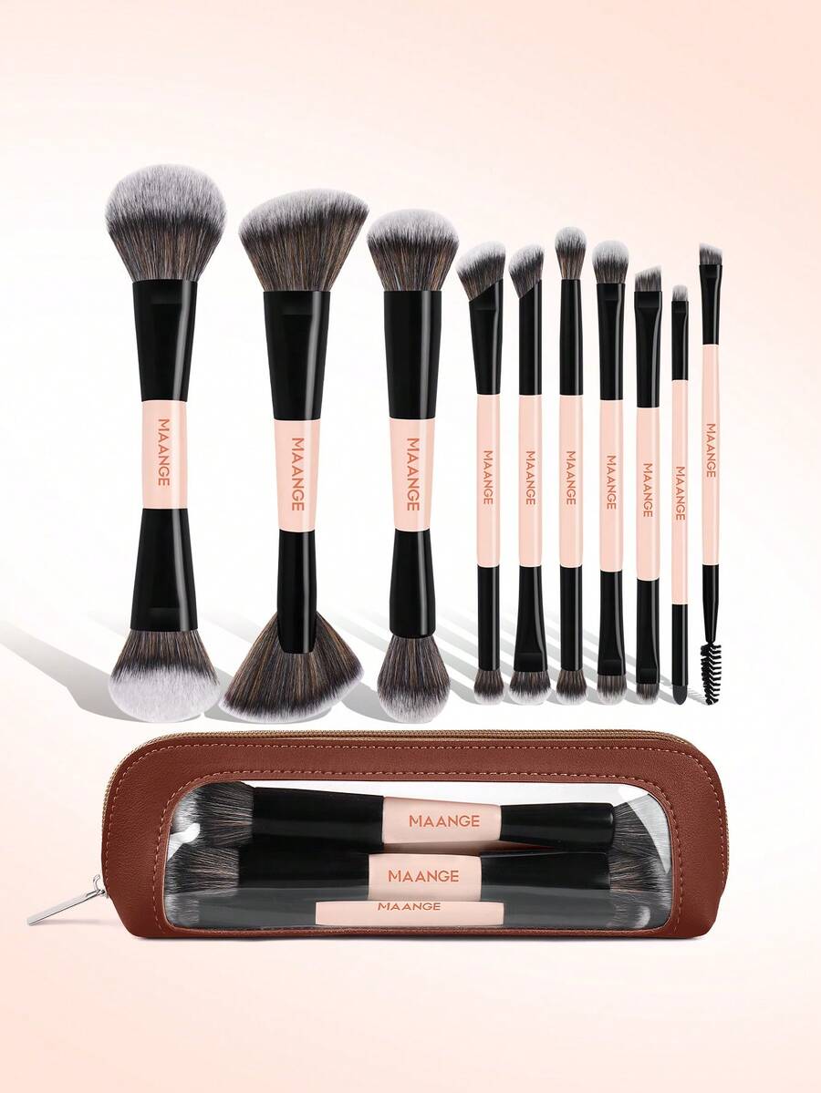 MAANGE 1pc/10pcs Double-Ended Makeup Brush Set With Cosmetic Bag Foundation Brush Blush Brush Loose Powder Brush Eyeshadow Brush Concealer Brush Highlighter Brush Contour Brush Mascara Brush Lip Brush Eyebrow Brush Makeup Tools Gift For Women & Girl Travel Makeup Brush Set - Multicolor - View 1