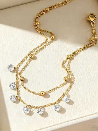 女士锆石不锈钢脚链，派对饰品（手工链条，珠子数量可能有所不同，实际长度以实物为准）