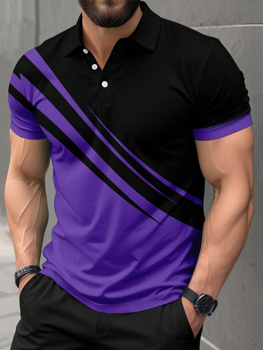 男士休闲拼接色通勤短袖 Polo 衫 - 紫色 - 查看 1
