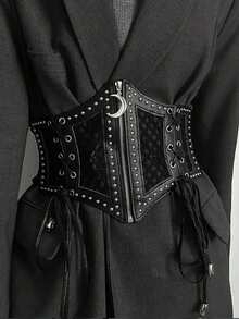 1件女士欧美风宽腰带，韩版复古时尚弹力束腰带连衣裙配饰 - 黑色針扣款 - 查看 4