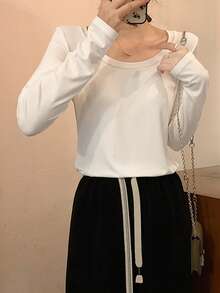 女士修身圆领长袖打底衫 - 白色 - 查看 2