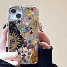 Funda para teléfono con diseño de elementos artísticos de estrellas, sol y luna celestiales, compatible con iPhone 16, 15, 14 Pro Max, 13, 12, 11, XR y XS Plus. Fabricada en silicona TPU, ofrece protección contra golpes y caídas, además de una excelente sensación al tacto. Es el regalo ideal para familiares, amigos y seres queridos. - Plateado - Ver 3