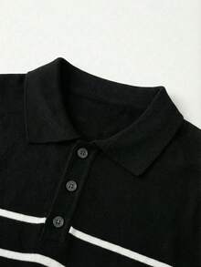 男士条纹 Polo 衫，休闲翻领短袖针织衫 T 恤，百搭 - 黑色 - 查看 3