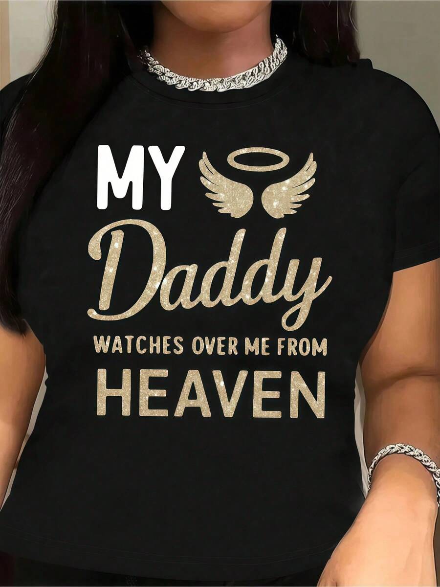 Summer Tops For Women  INAWLY Women's Graphic Slogan & Wing Print Round Neck Short Top Tees, 100 Percent 220g Cotton T Shirts, Holiday Gifts For Girfriend - màu đen - Xem 1