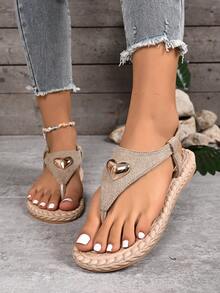 Women's Round Toe Fashion Elastic Band Woven Roman Thong Sandals, Flat Beach Sandals - Rice Love - View 4