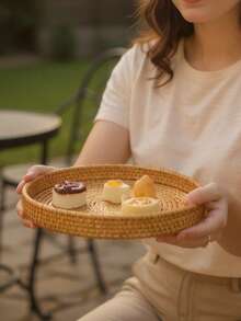 1 pieza Bandeja de cesta de frutas redonda de ratán tejida a mano, bandeja de servir de frutas y aperitivos de estilo japonés, cesta de almacenamiento de ratán, bandeja con asa de madera, plato para pan, frutas, pasteles y alimentos, bandeja para el hogar - Marrón - Ver 5