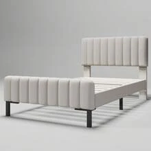 Polsterbett Einzelbett 90 X 200 Cm, Bettgestell Mit Lattenrost Und Verstellbares Kopfteil, Gepolstertes Bett In Grau-Beige, Bettrahmen Jugendbett Für Schlafzimmer Gästezimmer-Leinenmaterial - 米色 - 查看 4