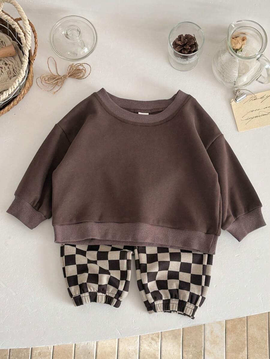 2pcs/Set Baby Boy Casual Solid Color Crew Neck Long Sleeve Sweatshirt And Checkerboard Long Pants, Spring/Autumn