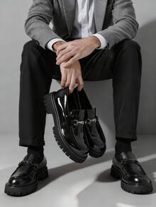 New British Style Designer Men's Slip-On Loafers, Vintage Vibe, Soft & Comfortable, Round Toe, Elegant Formal Leather Shoes, Glossy Patent Leather, Non-Slip Thick Sole, Suitable For Casual, Dating, Party, Wedding, Gifting. Please Order One Size Up As It Runs Small. - Black - View 4