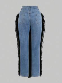 GLOURI Women's Faux Fur Jeans - High Waist Straight Leg Denim With Punk Rock Accents | Glam Night Out Pants For Weekend Parties & Evening Events (Edgy Street Style & Rocker Chic Vibes) - màu đen - Xem 4