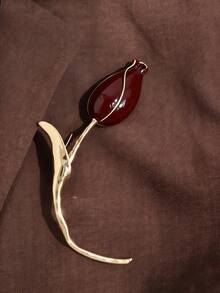 1pc Vintage Elegant Minimalist Asymmetrical Flower Brooch, Glossy Red & Gold Metal Women's Large Brooch, Fashionable Waist Decoration For Dress, Coat - Multicolor - View 4