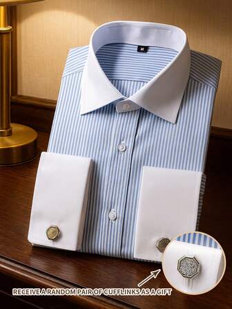 1 st herrskjorta med fransk manschett, oumbärlig för formella tillfällen, bröllop, affärsevenemang (slumpmässiga manschettknappar ingår), vänligen kontrollera storleken före köp, höst, långärmad topp