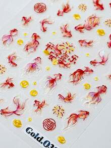 2 szt. czerwono-złotych naklejek na paznokcie z motywem rybki Koi do zdobienia paznokci, galaretkowate, wytłaczane, w stylu chińskim, złote fajerwerki, szczęśliwe wzory, artykuły do paznokci, noworoczne naklejki na paznokcie dla kobiet, dekoracja paznokci ślubnych - Wielokolorowe - Zobacz 5