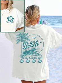 Graphic Print T-Shirt Plus Size, Plus Size Women's Casual T-Shirt - Beach-Themed "Let's Make Waves" & Floral Print, Cotton Breathable Loose Fit Tee, Machine Washable All-Season Comfort, Summer Beach Style Design, Beach Clothes, Relaxed Weekend Wear, Laidback Fashion, Durable Construction, Round Neck Shirt, Vacation Wardrobe - 白色 - 查看 5
