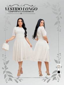 Women's Midi Dress In Knit Fabric With Lace Detail, Half Sleeves, Flared Skirt, Fitted Waist, Elegant Finish, Premium Finish. Perfect For Christmas, New Year's, And Holiday Celebrations. - 米色 - 查看 8
