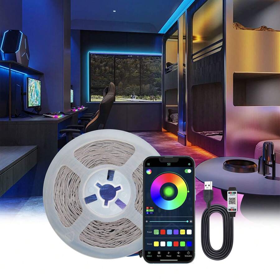 3535 RGB LED灯带 - App控制,USB供电,自带背胶,安装简便,适用于卧室、客厅、家庭影院、游戏室和节日派对装饰 - 多色光 - 查看 1