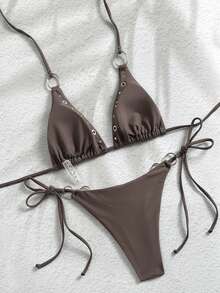 泳装两件套，几何图案，热带花卉印花，休闲可爱，优雅性感，波西米亚风，系带比基尼，沙滩度假，春夏季节，女士套装，沙滩装，女士比基尼 - 棕色 - 查看 3