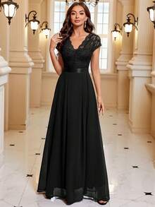 Elegant Floral Lace V Neck Cap Sleeve Pleated Hem Chiffon Formal Party Dress, Prom Evening Dress, For Wedding Guest, Graduation, Dinner - màu đen - Xem 3