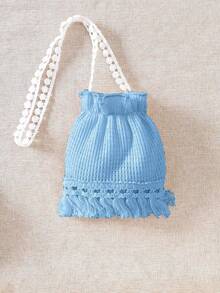 女童夏季无袖连衣裙，面料柔软舒适，适合8-12岁女孩，附赠带流苏装饰的斜挎包。 - 藍色 - 查看 4