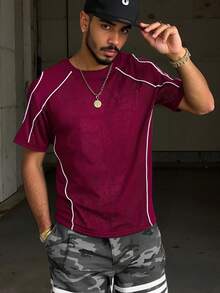 Men's Spring And Summer American-Style T-Shirt, Breathable Mesh, Wine Red, Short Sleeves, Contrast Color Line Design, Suitable For Daily Sports, Leisure, Fitness And Multi-Scene Wearing. - Red - View 1