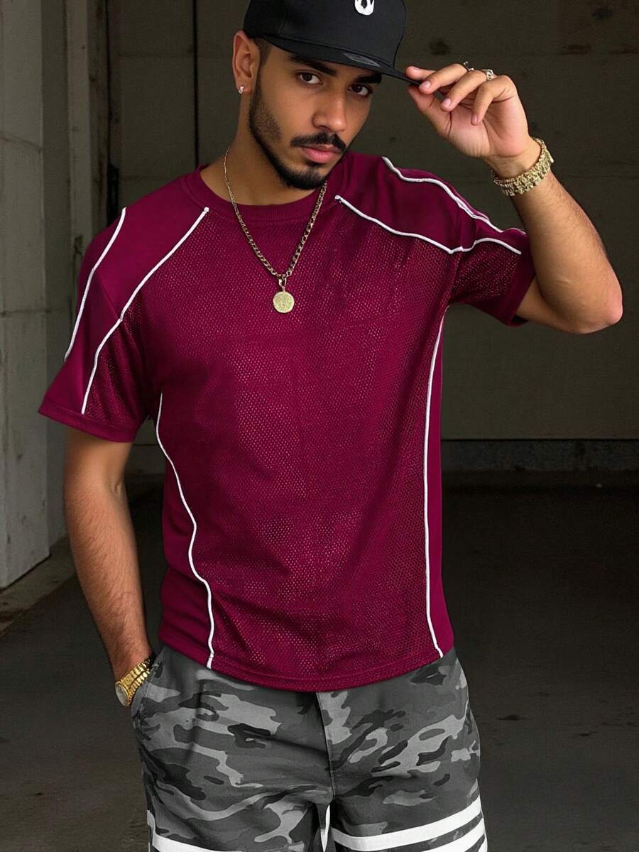 Men's Spring And Summer American-Style T-Shirt, Breathable Mesh, Wine Red, Short Sleeves, Contrast Color Line Design, Suitable For Daily Sports, Leisure, Fitness And Multi-Scene Wearing. - Red - View 1