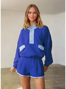 Womens Color Block Two Piece Sets Long Sleeve Oversized Sweatshirts Pullover And Shorts Set Matching Sets With Pockets, 2025 JJYR - 藍色 - 查看 2