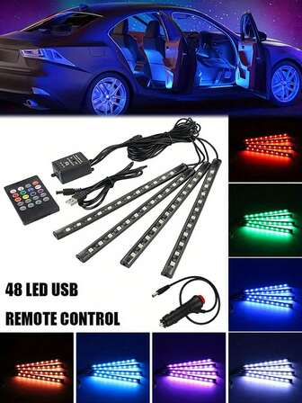 4 st. 48-LED-ljusremsor för bilens interiör med ljudaktivering och fjärrkontroll, flerfärgade musikdekorationstillbehör för bilen, vattentätt belysningskit under instrumentbrädan med billaddare, 12V