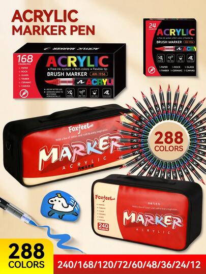 1pc 288/240/168/120/72/60/48/36/24/12 Colors Acrylic Marker Pens, Soft Tip, Opaque, Waterproof, Blendable, For DIY Graffiti Painting Art Supplies