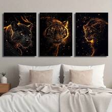 3Pcs Canvas Painting,2D Canvas Painting, Tiger And Leopard Canvas Art Print Golden Flame, High-Definition Wall Decoration, Suitable For Living Room, Bedroom, Office, Wrapped Canvas Painting, Pine Wood Frame, Indoor And Outdoor Use, Modern Classic Style, Indoor Wall Art, Modern Wall Art Wrapped Canvas Painting , Wooden Framed Art,High Quality ,Thickness 2. 25cm/1inch Wall Art Prints Poster Direct Hanging Decor For Home Gifts,Living Room, Bathroom, Bedroom, Kitchen,Bar,Office - 黑色 - 查看 6