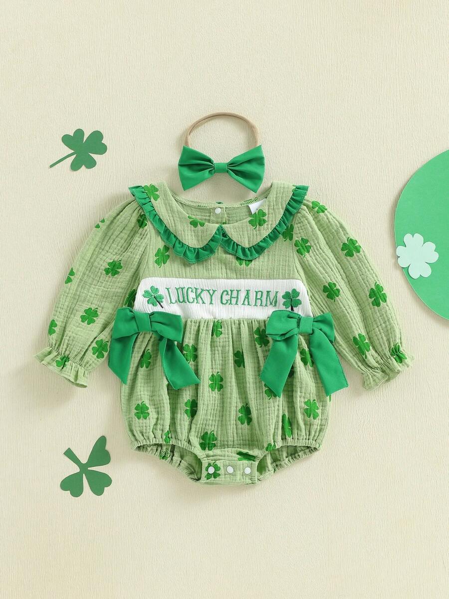 Baby Girl Irish Bubble Romper Fashionable Cute Shamrock Embroidery Long Sleeve Jumpsuit With Headband - 綠色 - 查看 1