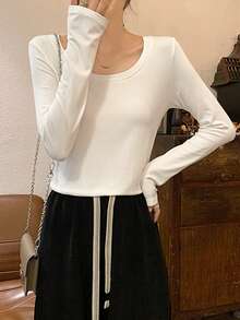 女士修身圆领长袖打底衫 - 白色 - 查看 3