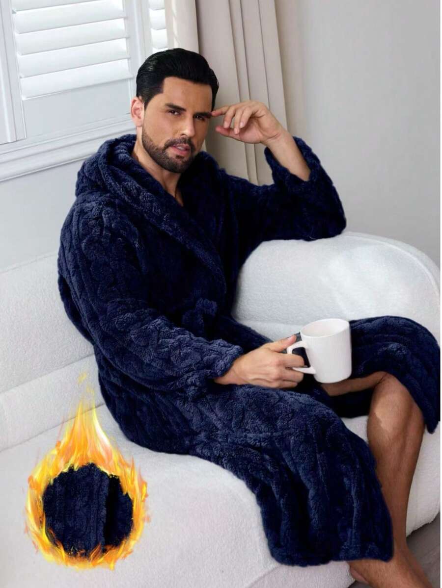 1 pieza Bata con capucha de punto de cable de peluche multicolor para otoño/invierno, elegante y encantadora, ropa de estar en casa informal para hombres y parejas