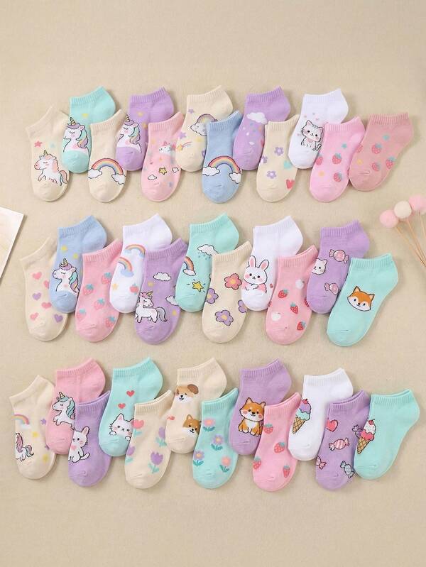 10 pares de calcetines tobilleros de colores aleatorios con diseños de dibujos animados lindos para niñas, calcetines cortos de verano transpirables y casuales con patrones de animales divertidos, ideal para uso diario, escuela y juego, para niñas pequeñas y niñas