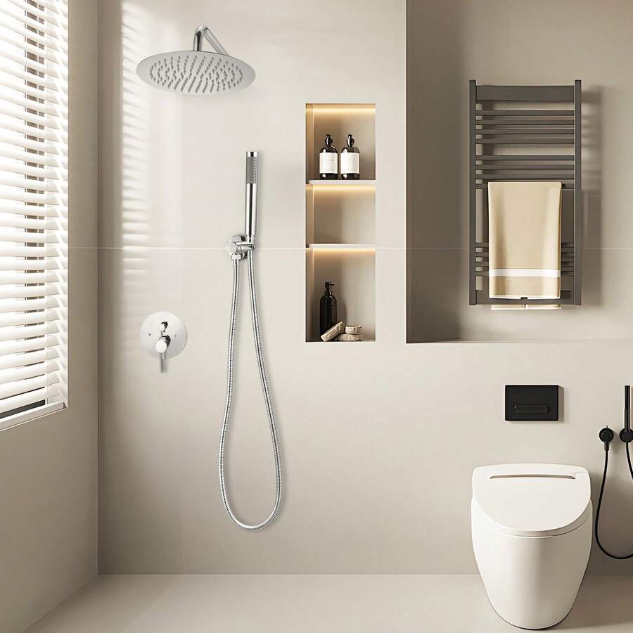 Duscharmatur Regenduschsystem fürs Badezimmer Duschsystem mit 254 mm runden Regenduschkopf & Handbrause, wandmontierte Badezimmerarmaturen mit Messingventil & Zierset, Silberchrom - Verchromt Rund 10 Zoll - Übersicht 1