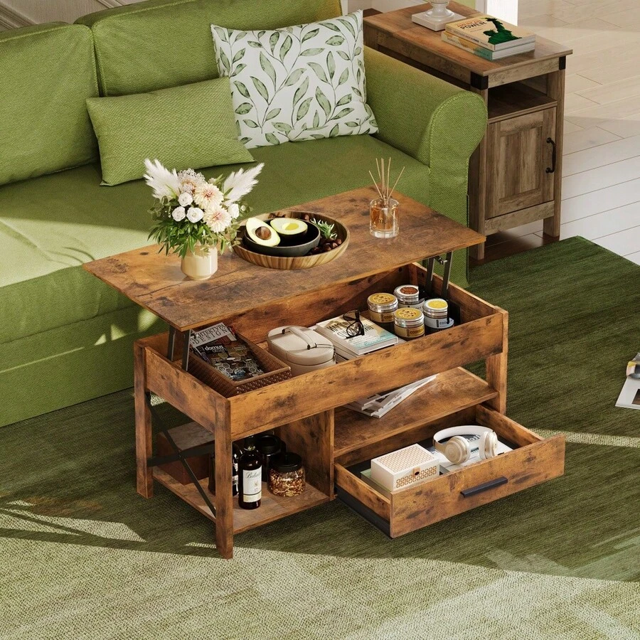 Coffee Table, 39" Lift Top Coffee Table With Hidden Compartment, Storage Drawers And Storage Shelf For Living Room, Reception Room, Rust Brown - Rỉ Nâu - Xem 1