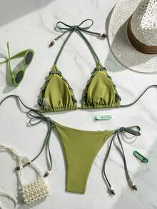 2pcs Solid Color Casual Cute Elegant Sexy Bohemian Metallic Accent Bikini Swimwear, Beach, Holiday, Daily, Spring/Summer Vacation - Olive Green - View 3