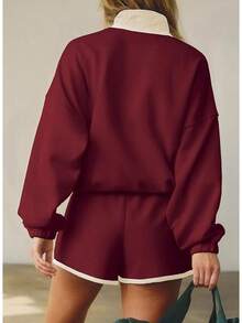 Womens Color Block Two Piece Sets Long Sleeve Oversized Sweatshirts Pullover And Shorts Set Matching Sets With Pockets, 2025 JJYR - 葡萄酒 - 查看 6