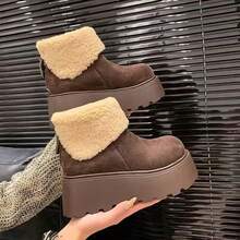 Giày bốt đi tuyết đế dày giả da lộn cho nữ, giày mùa đông cho nữ, thiết kế cổ thấp, mũi tròn, đế dày có rãnh, màu cà phê, giày mùa đông ấm áp thường ngày, thích hợp để mang hàng ngày. - lông màu cà phê - Xem 8
