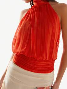 Women Halter Backless Tank Tops Cowl Neck Summer Going Out Cami Tops Women Halter Top Backless Tank Tops Cowl Neck Summer Going Out Outfits Cami Tops - 橘色 - 查看 1