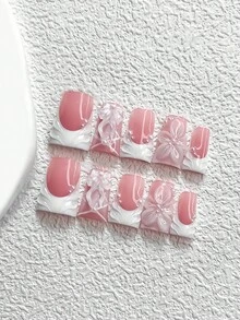 10件套浪漫婚礼美甲套装，白色压花美甲贴纸，白色迷你仿珍珠装饰，芭蕾舞风格浅粉色蝴蝶结美甲配件，纯色美甲贴纸，三种尺寸：杏仁形、方形、椭圆形，适合派对、婚礼、约会、日常佩戴，包含工具包（1张果冻贴纸+1个指甲锉），送给女性和女孩的绝佳礼物，手工美甲贴片 - 彩色 - 查看 14