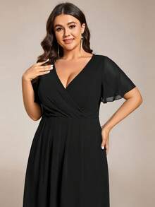 EVERPRETTY Chiffon Ruffle Sleeve V-Neck High-Low Hem Black Bridesmaid Dress, Summer Wedding Guest Vacation Dress - Black - View 6
