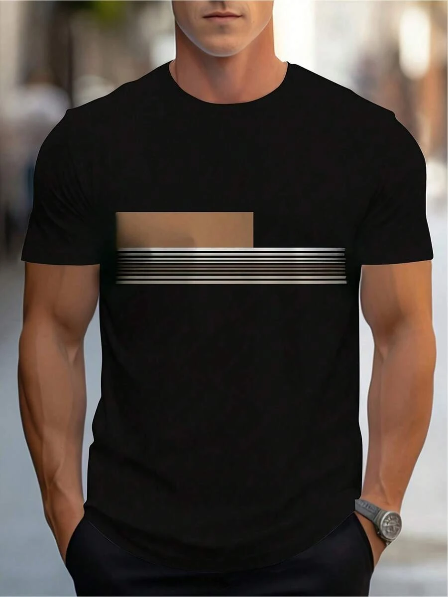 Camiseta negra de cuello redondo de manga corta casual de% algodón para hombres. Camiseta estampada con patrón de de moda urbana americana. Ropa de fitness deportiva para hombres al aire libre de verano - Negro - Ver 1